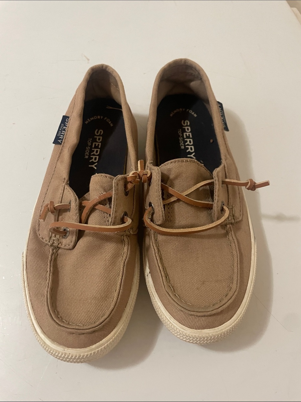 Sperry Women’s Tan Canvas Boat Shoes with Leather Laces